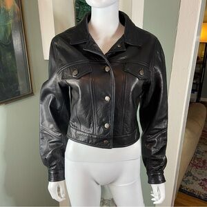 Vintage 90s bebe San Fransisco Black Leather Jacket Women’s Small S Cropped Crop